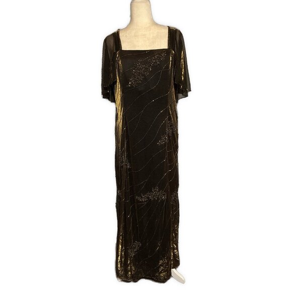 Michelle Fashion Formal Black Gold Metallic Beaded Long Gown Dress 18 Xl - Picture 1 of 6